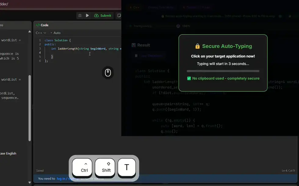 Solvro secure auto-typing counting down before it types into the editor