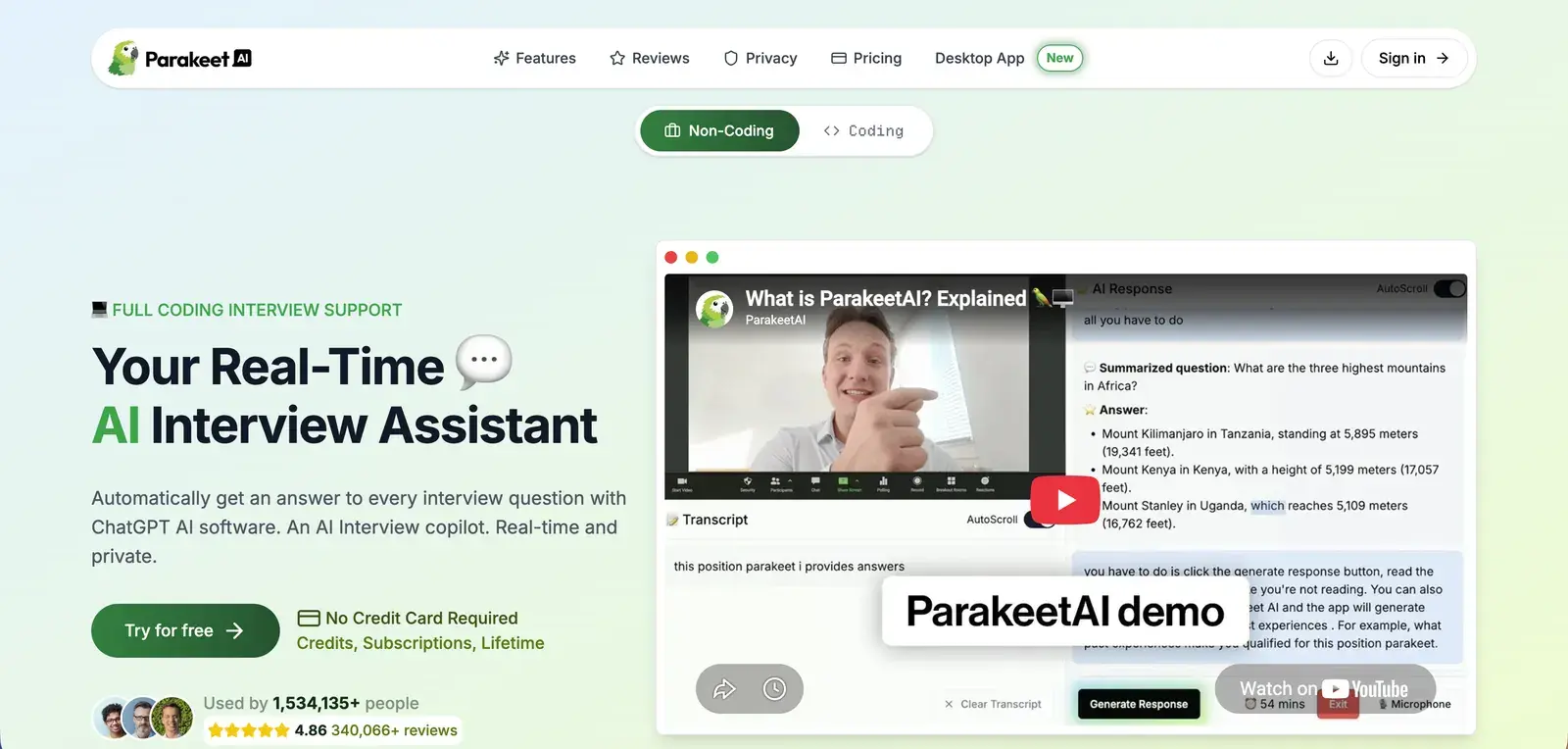 Parakeet AI homepage