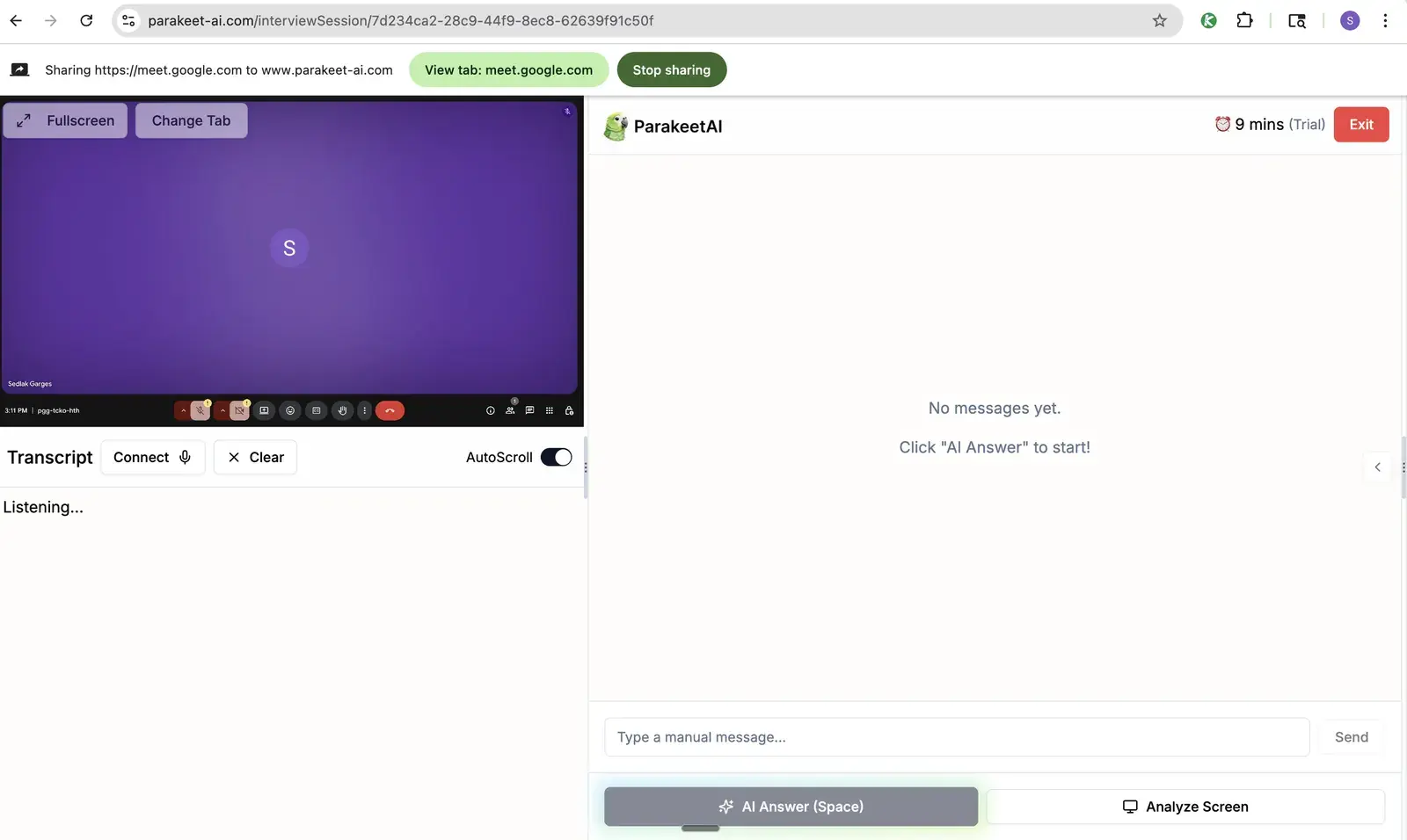 Parakeet AI's web session