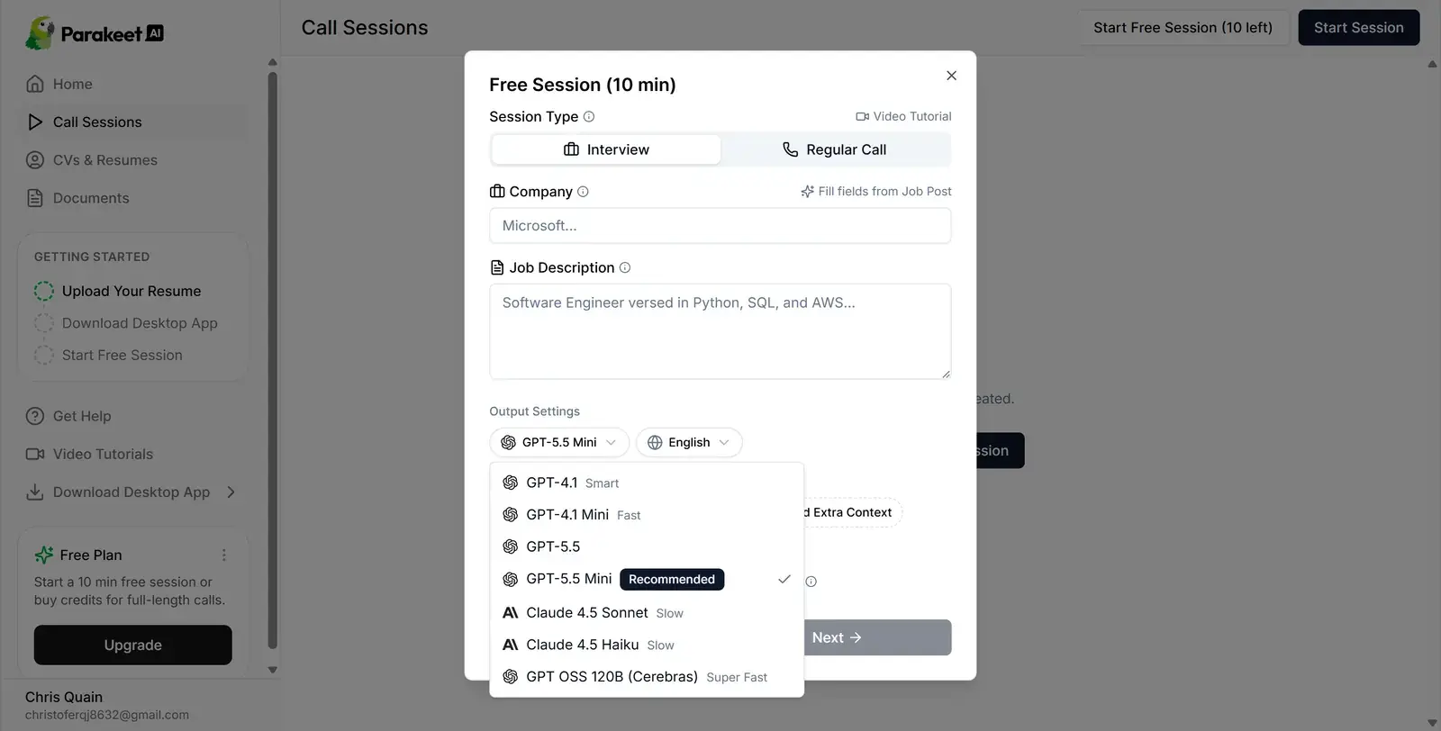 Parakeet AI's session settings