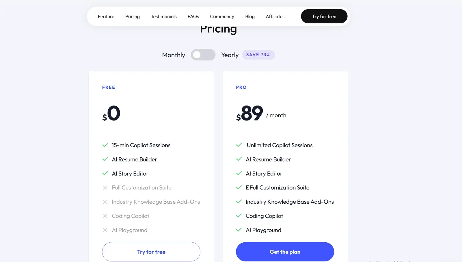 Sensei AI pricing page
