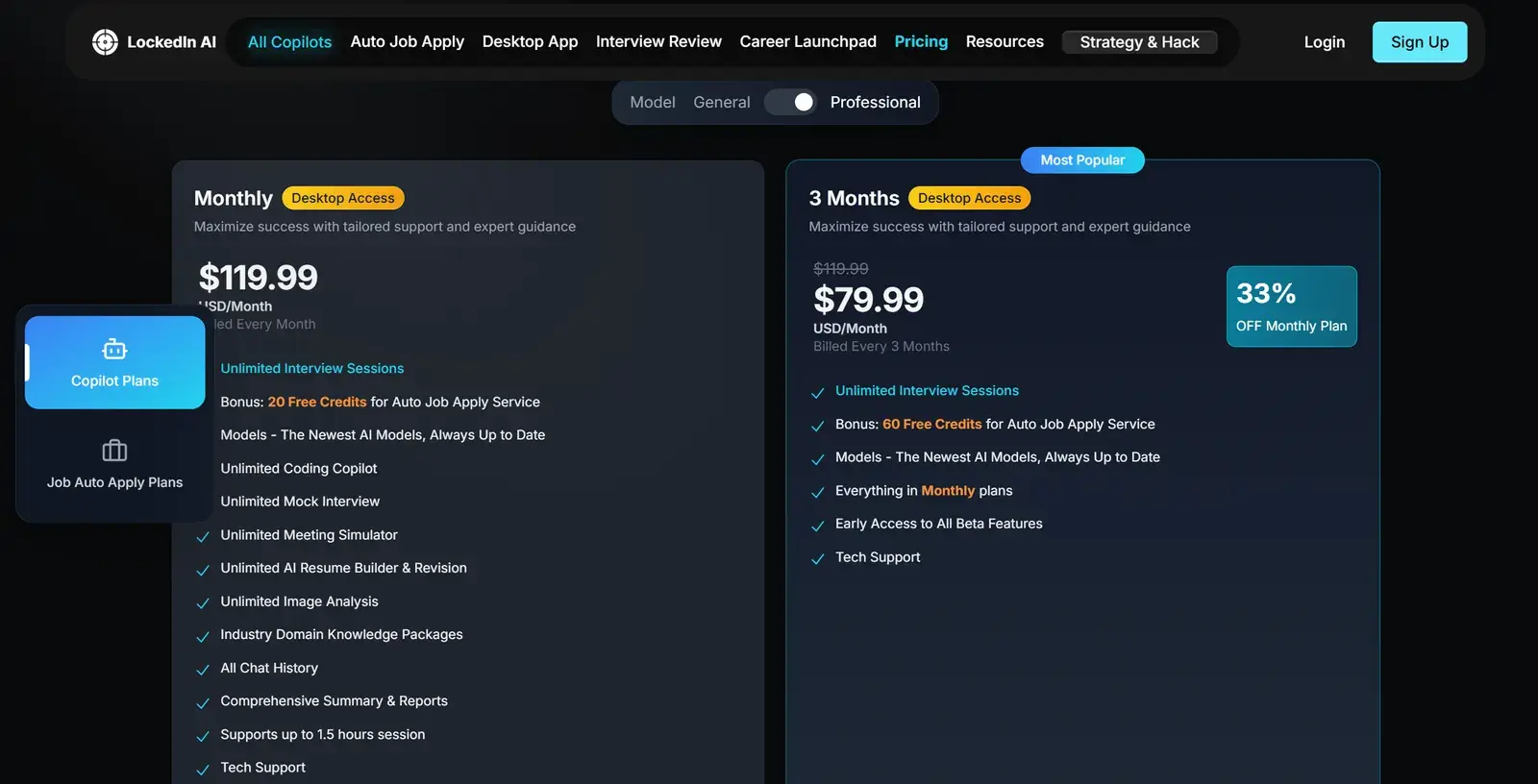 LockedIn AI pricing page