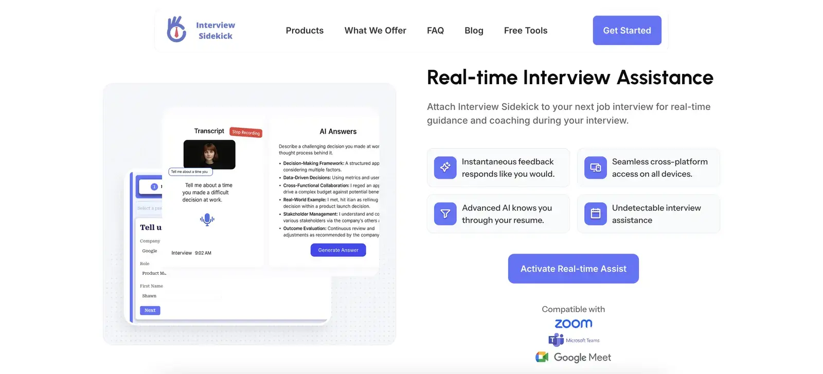 Interview Sidekick's real-time assistance page