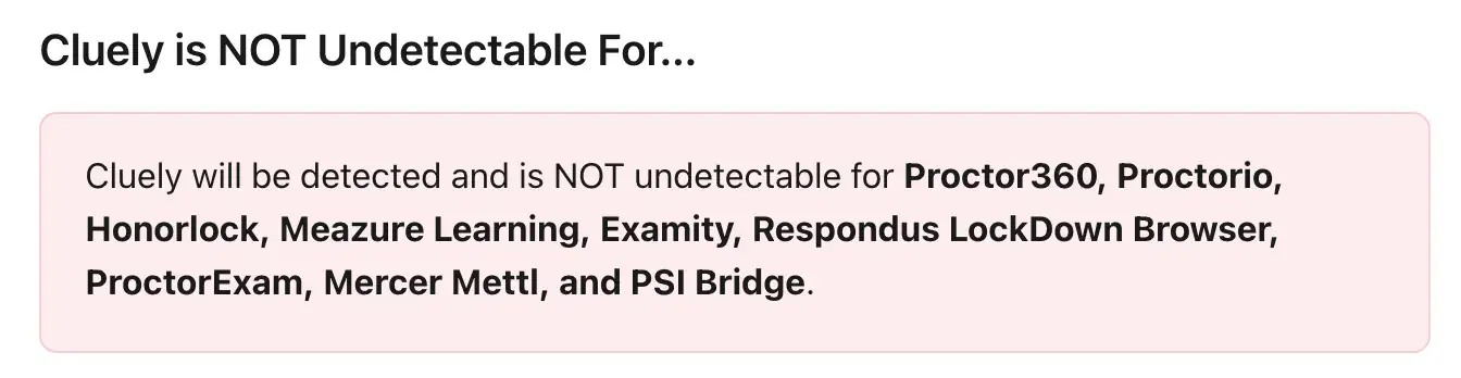Cluely's list of proctoring tools it is not undetectable for
