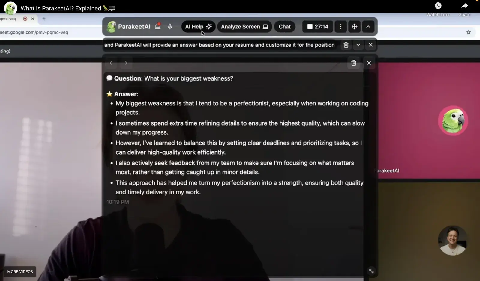 Parakeet AI answering a behavioural question