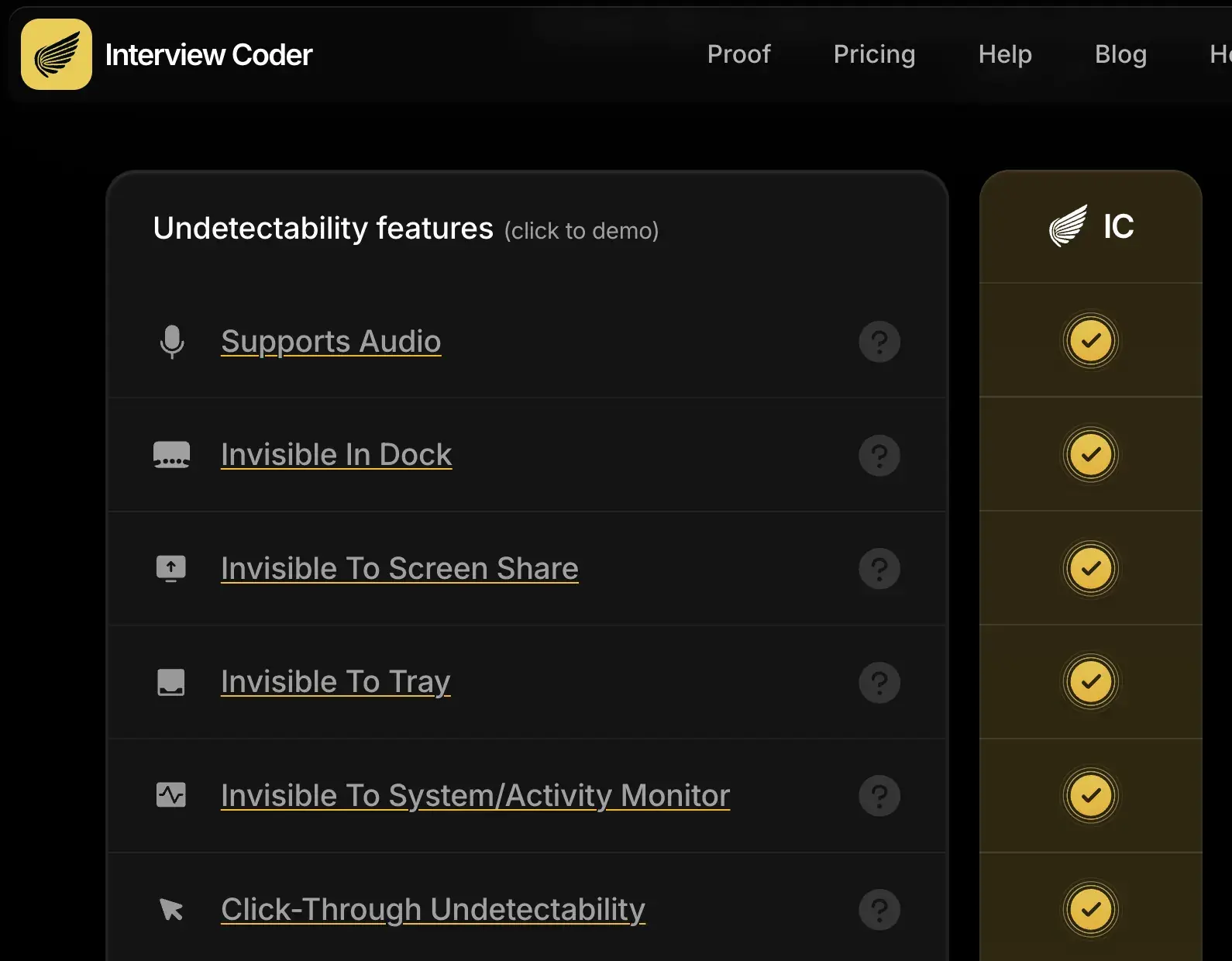 Interview Coder's list of undetectability features