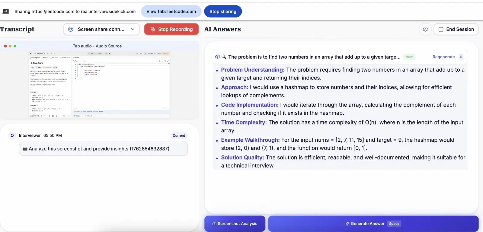 Interview Sidekick answering a coding question