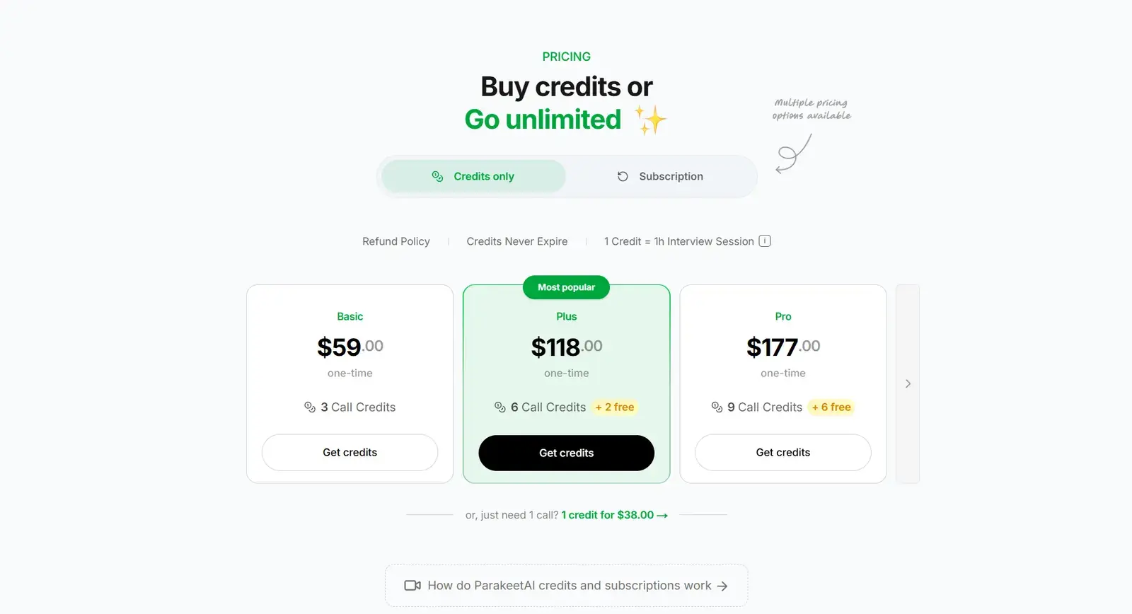 Parakeet AI pricing page