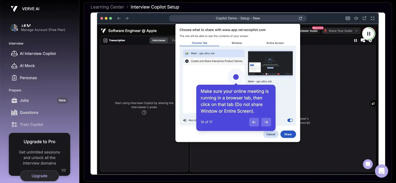 Verve AI's setup warning about screen sharing