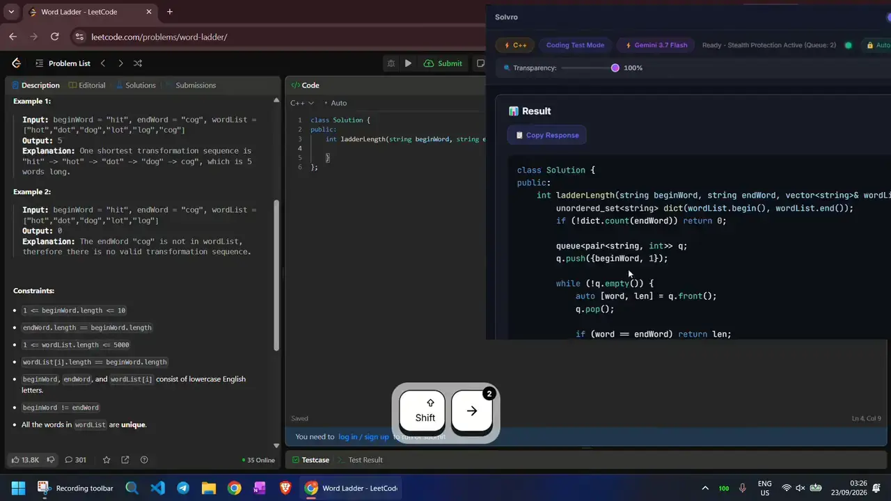 The Solvro overlay beside a LeetCode problem